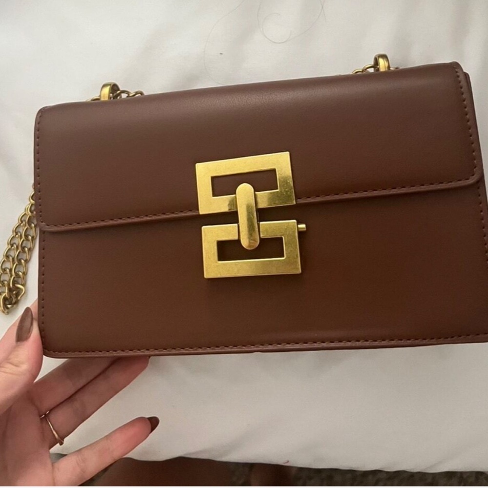 Brown PU Faux Leather Shoulder Bag Yellow Gold Tone Buckle Flap Chain Strap - Picture 11 of 11